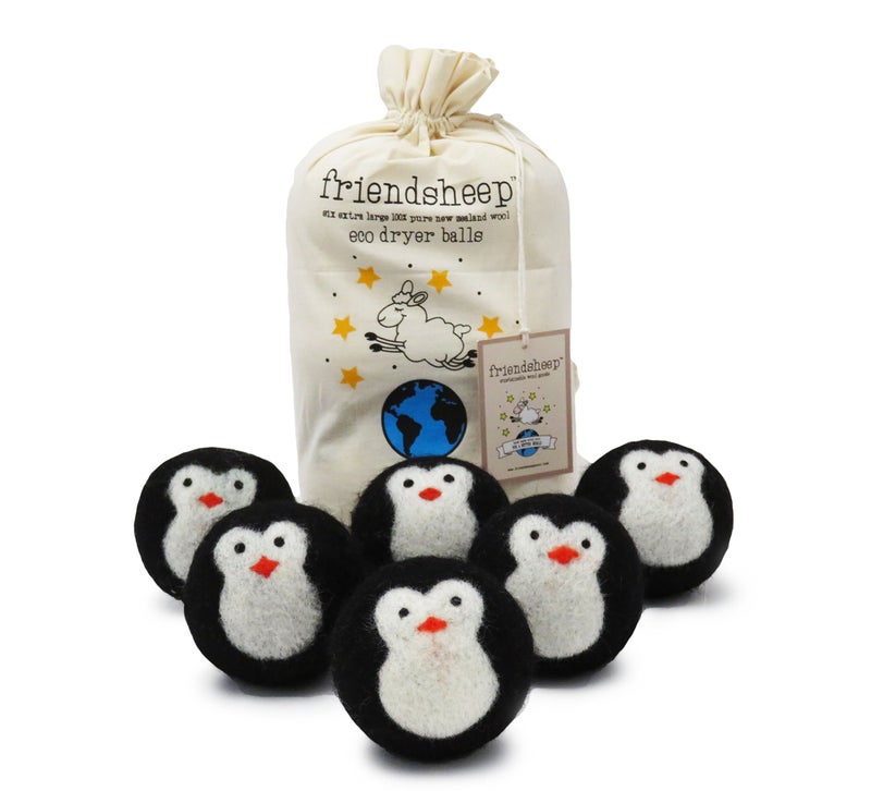 Friendsheep Wool Dryer Balls, Organic Reusable Fabric Softener Alternative for Laundry, Handmade, Fair Trade, Hypoallergenic, Eco-Friendly, Plastic-Free (6 Pack XL - Black Penguin) - Image 1